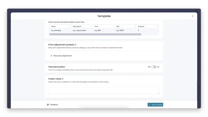 Adicionar um link de pagamento e Notas de rodapé — Os novos Orçamentos e Faturas: crie modelos