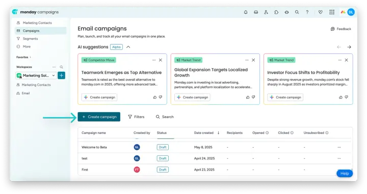 Configurando sua campanha — Usando fluxos de trabalho em campanhas da monday