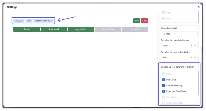 Personalizando o widget — O widget de Estágios de Negócios
