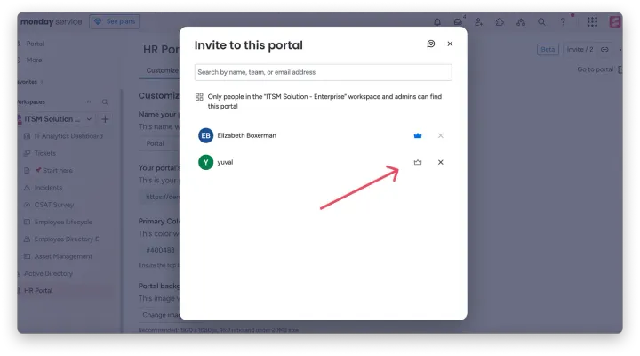 Convidar membros da conta para o Portal — Múltiplos Portais de Clientes no serviço da monday.com