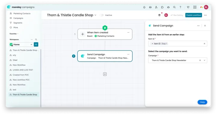 Blocos de fluxo de trabalho específicos para campanhas monday — Usando fluxos de trabalho em campanhas da monday