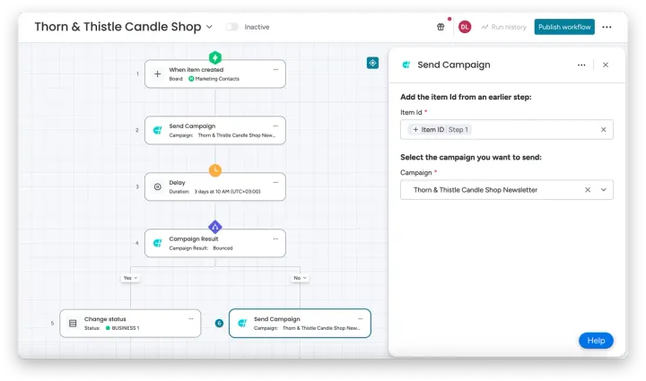 Blocos de fluxo de trabalho específicos para campanhas monday — Usando fluxos de trabalho em campanhas da monday