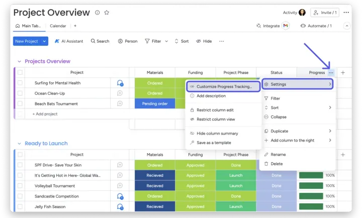 Personalizar as configurações — A Coluna de Acompanhamento de Progresso
