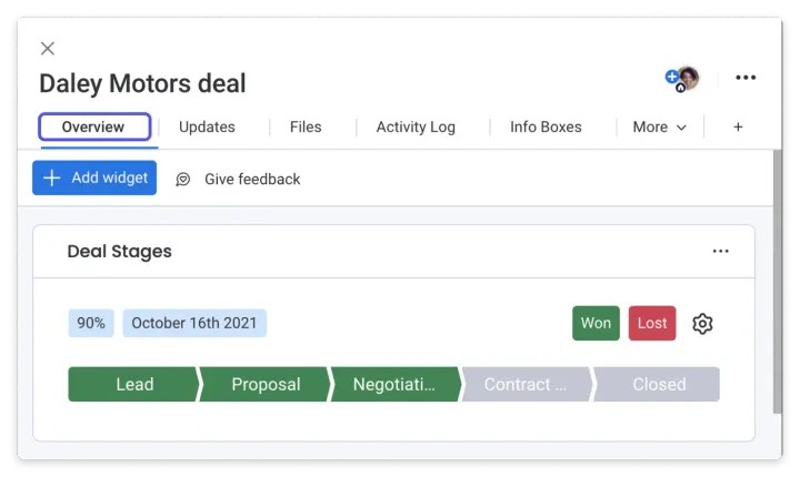 Como usar o widget — O widget de Estágios de Negócios