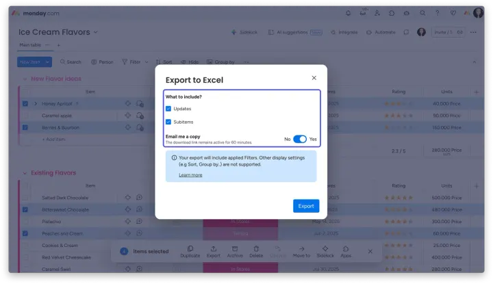 Exportar grupos ou itens para o Excel — Exportar do monday para Excel