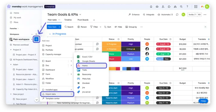 Importar dados — Como importar projetos do Asana
