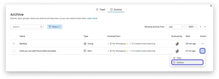 Restaurar componentes específicos do painel — Como arquivar e restaurar dados