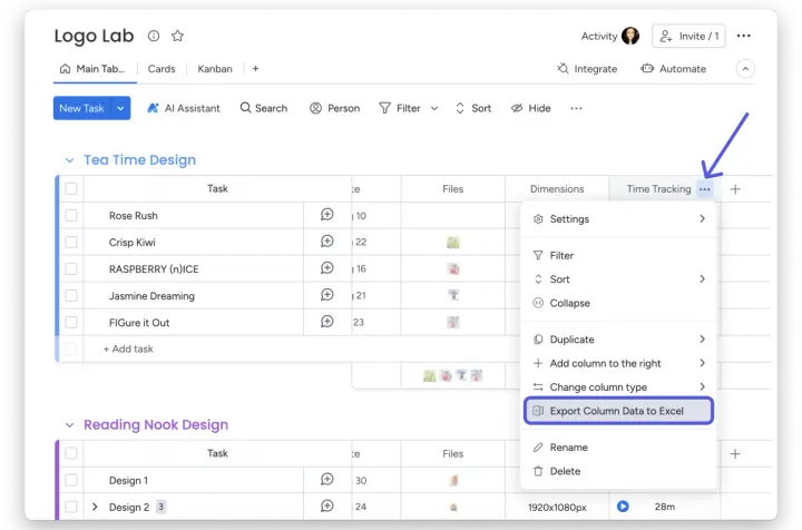 Exporte a Coluna de Rastreamento de Tempo para Excel — A Coluna de Rastreamento de Tempo