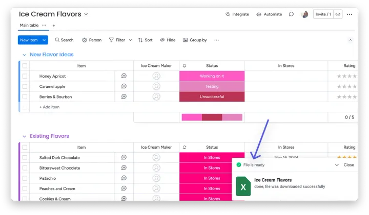 Exportar um quadro para o Excel — Exportar do monday para Excel