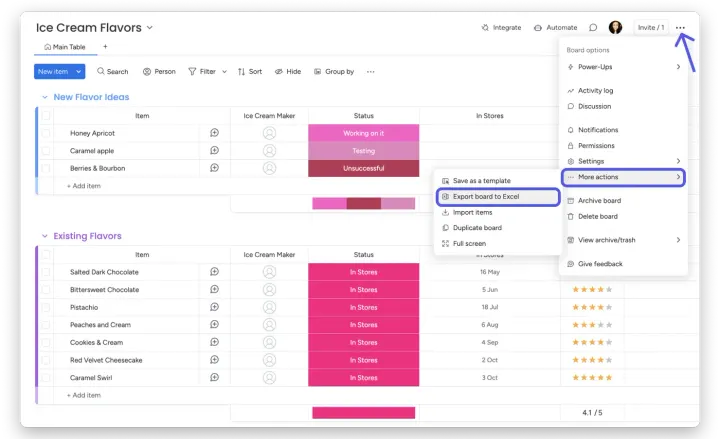 Exportar um quadro para o Excel — Exportar do monday para Excel