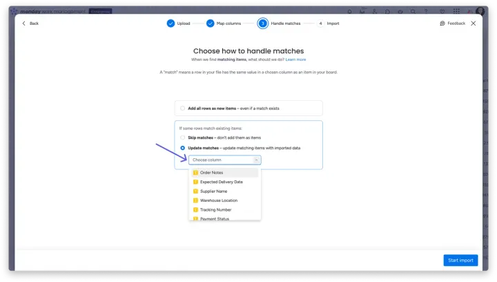 Importar dados para um quadro existente — Importar arquivos do Excel