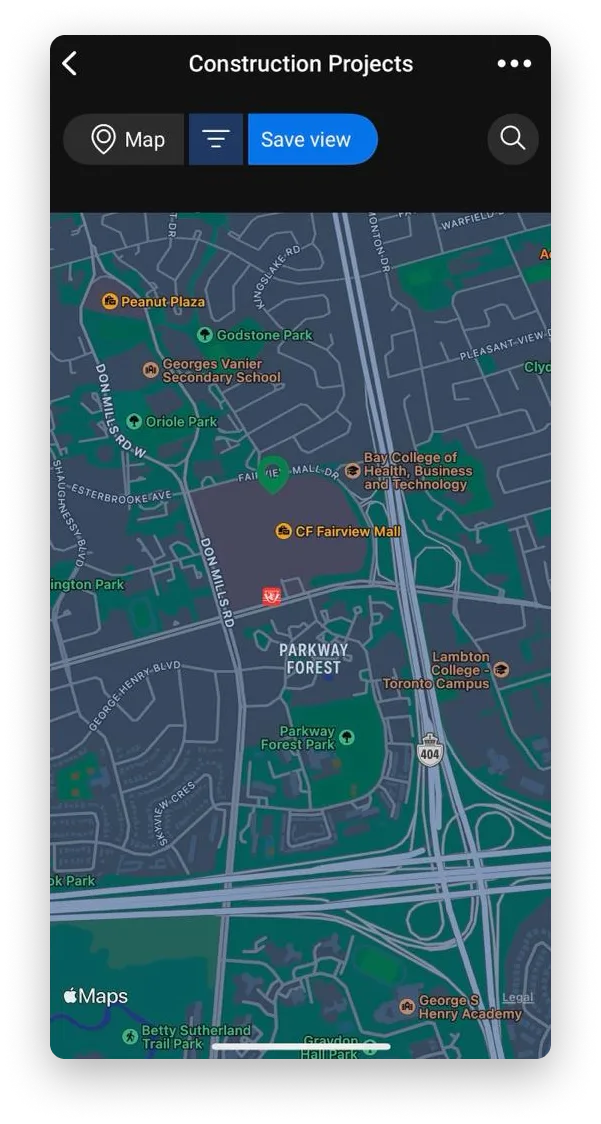 Visualização de Mapa — Aplicativo móvel - visualizações de quadro