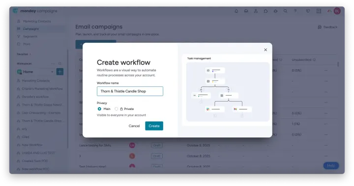 Construindo um fluxo de trabalho nas campanhas monday — Usando fluxos de trabalho em campanhas da monday