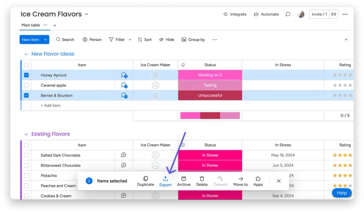 Exportar grupos ou itens para o Excel — Exportar do monday para Excel