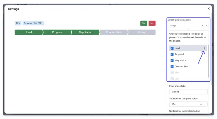 Personalizando o widget — O widget de Estágios de Negócios