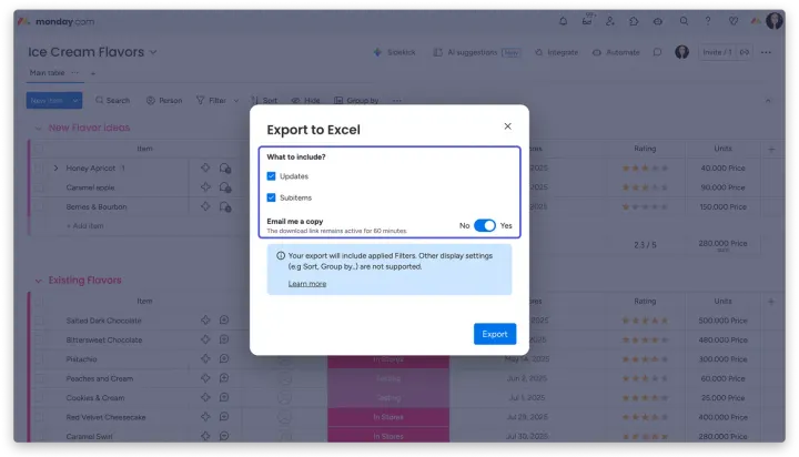 Exportar um quadro para o Excel — Exportar do monday para Excel