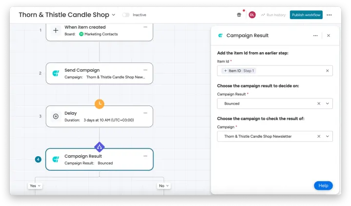 Blocos de fluxo de trabalho específicos para campanhas monday — Usando fluxos de trabalho em campanhas da monday