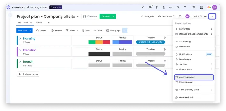 Arquivar um projeto — Como arquivar e restaurar dados