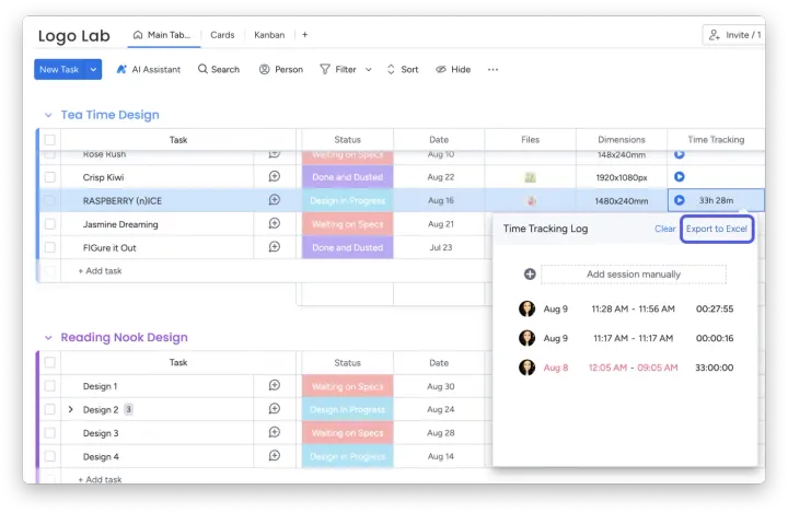 Exporte a Coluna de Rastreamento de Tempo para Excel — A Coluna de Rastreamento de Tempo
