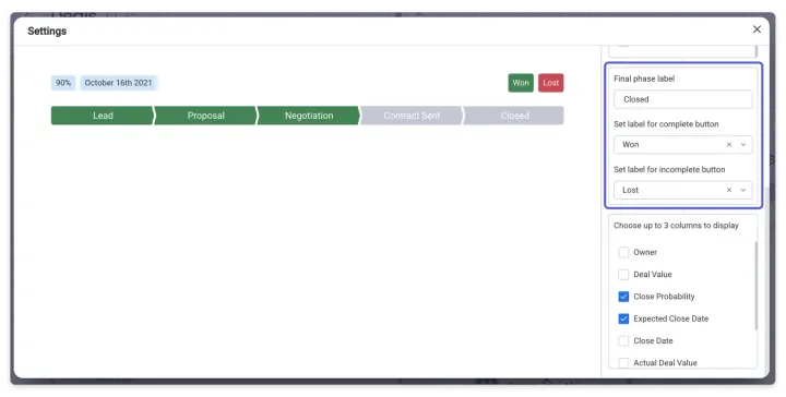 Personalizando o widget — O widget de Estágios de Negócios