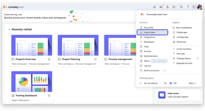 Importar dados — Como importar quadros do Trello